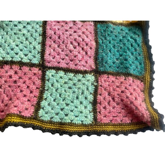 Vintage Granny Square Afghan squares blanket throw Mustard Pink Green Black Purp - Picture 4 of 10